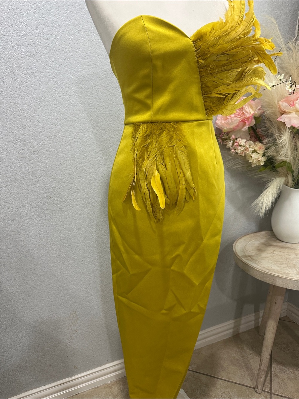 Strapless Feather-Accent Mustard Yellow Midi Dress